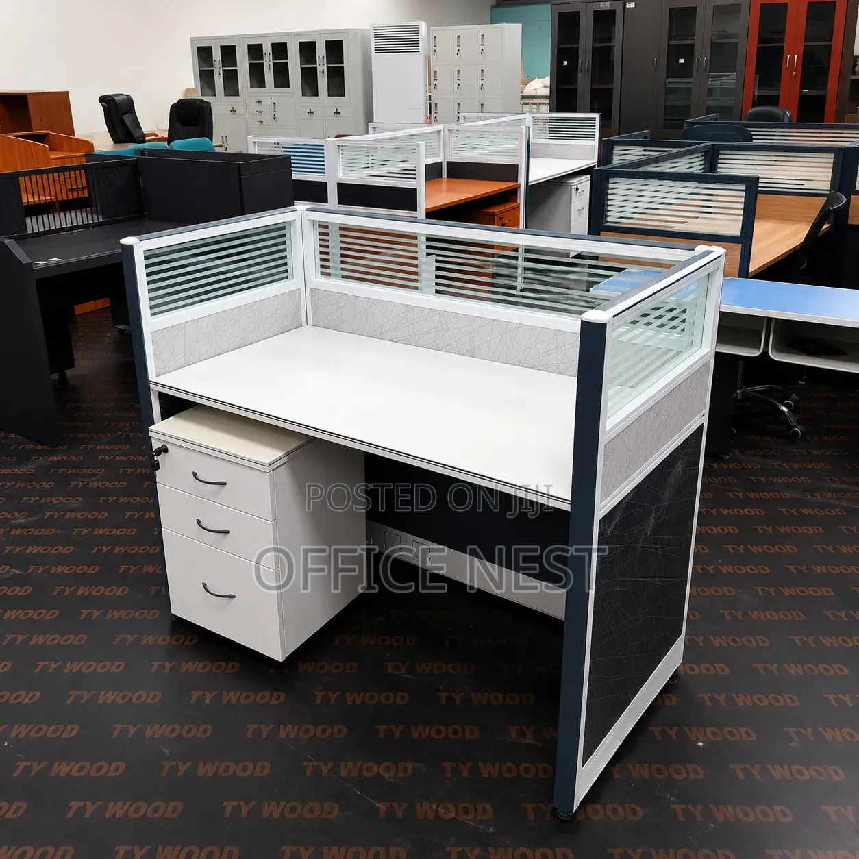 Modern Office Workstation Desk With Privacy Screens & 3-Drawer .