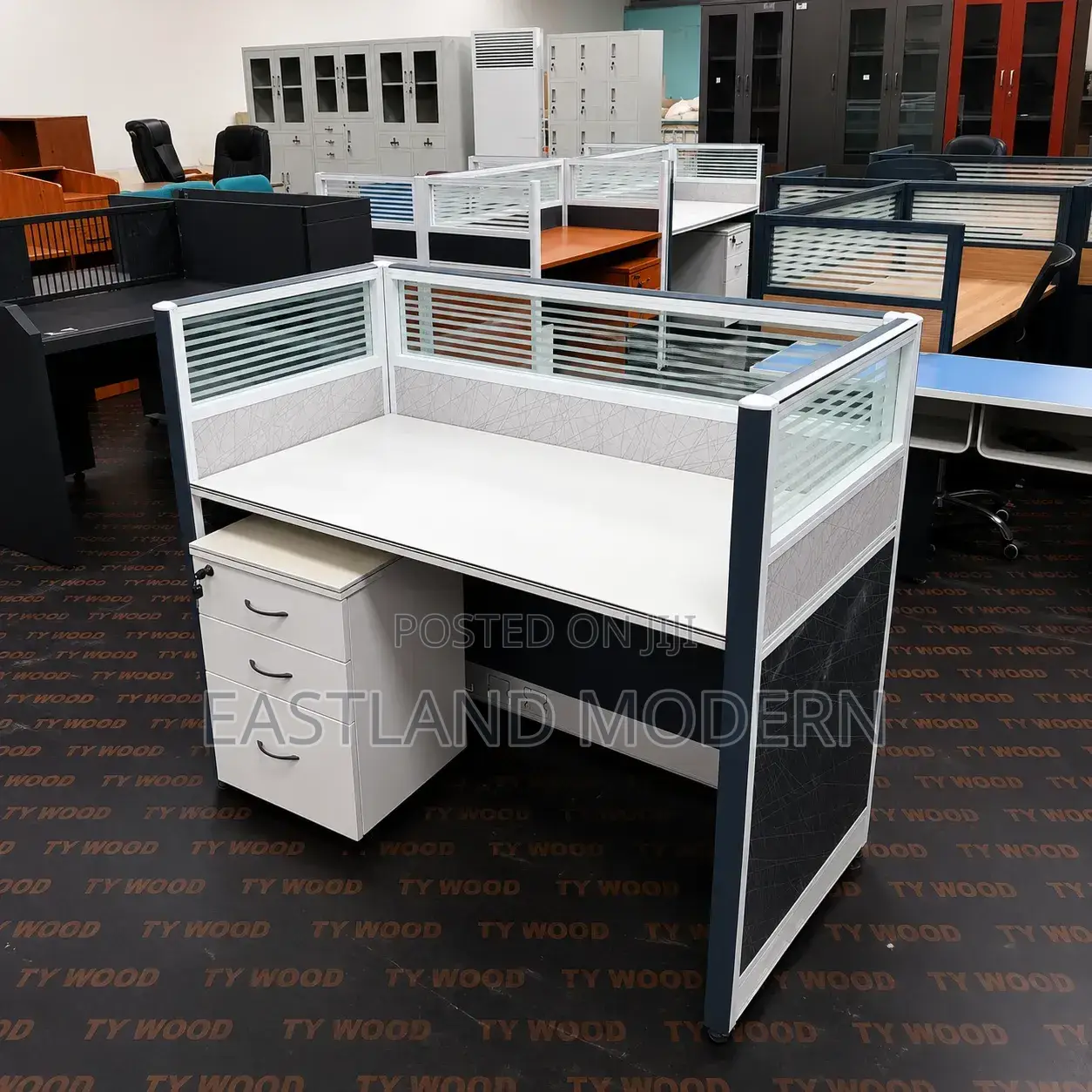 Modern Office Workstation Desk With Privacy Screens & 3-Drawer .