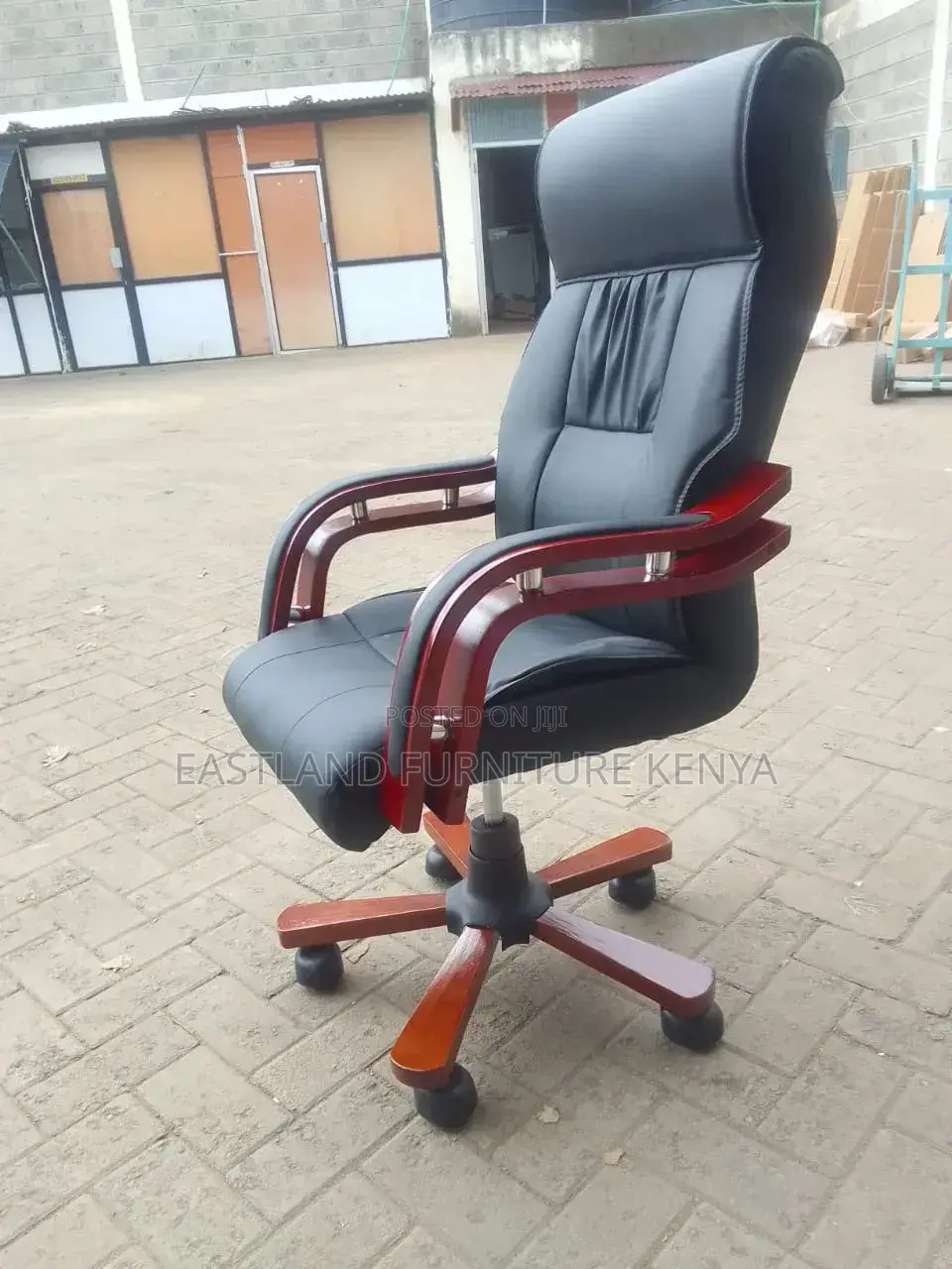 Executive Office Chair - Black Leather With Wooden Armrest & Base