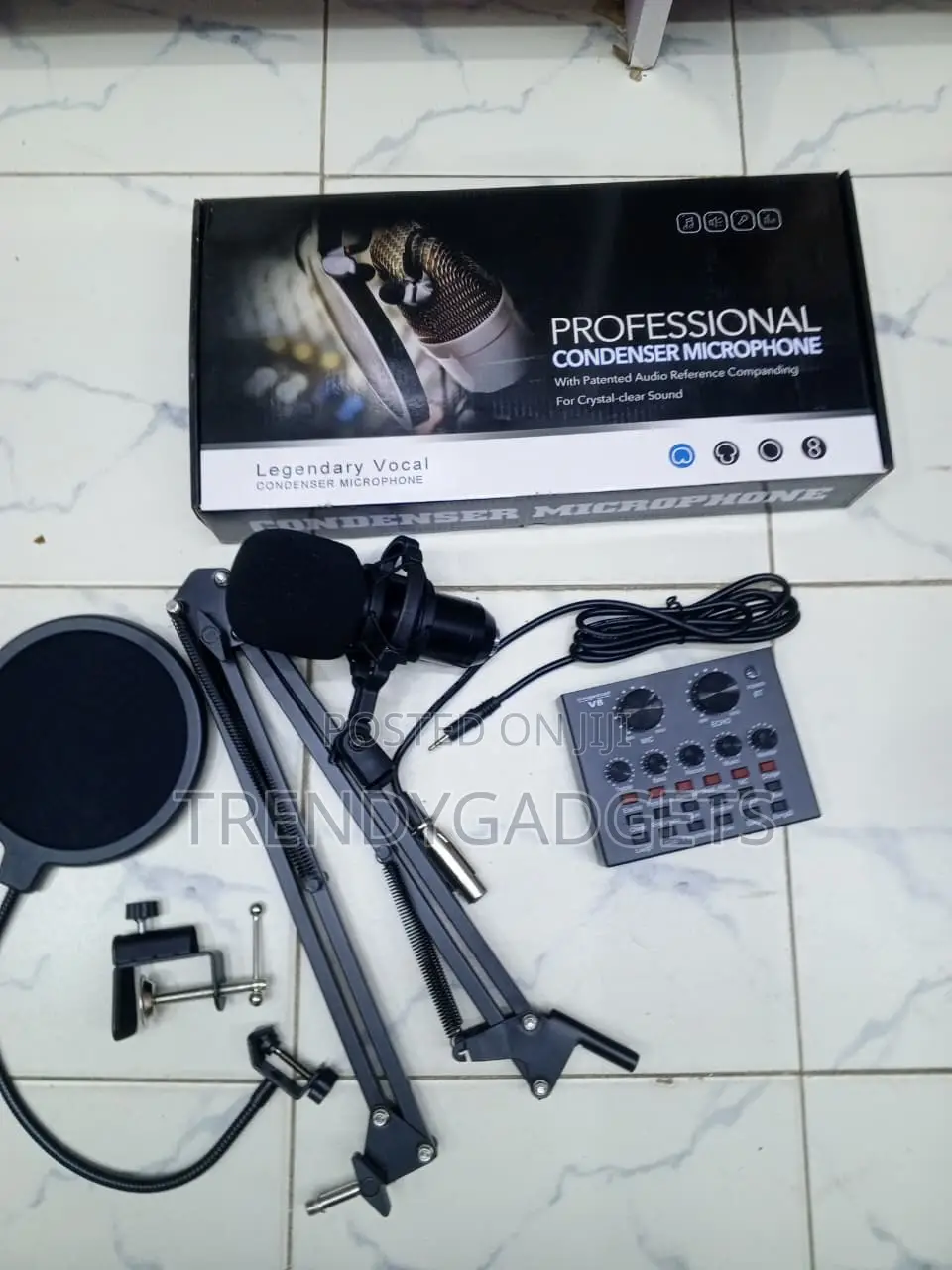Professional Condenser Mic With V8 Sound Card & Boom Stand