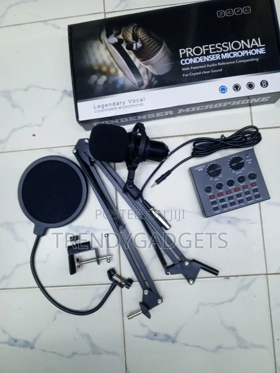 Professional Condenser Mic With V8 Sound Card & Boom Stand