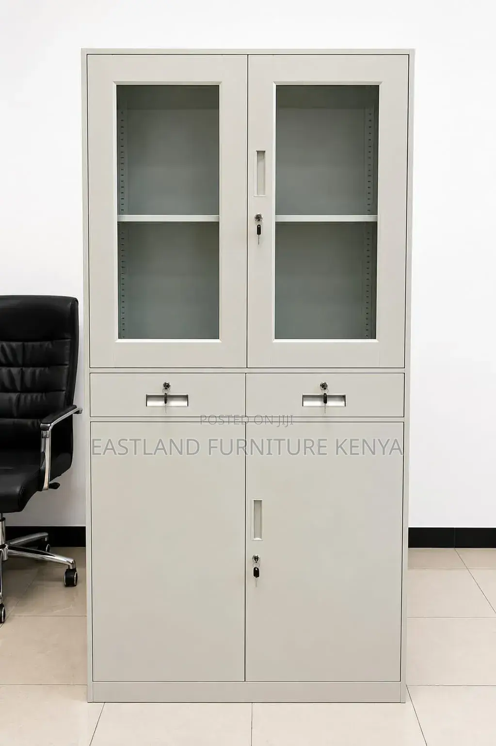 4-Door Metallic Filing Cabinet With Glass Display + 2 Lockable Drawers