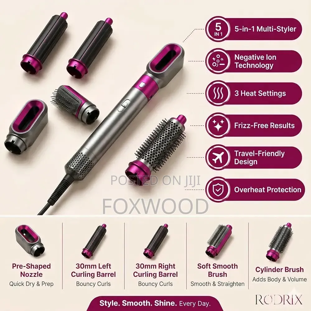 5-in-1 Hair Styler Hot Air Brush With Straightener, Curler, Dryer
