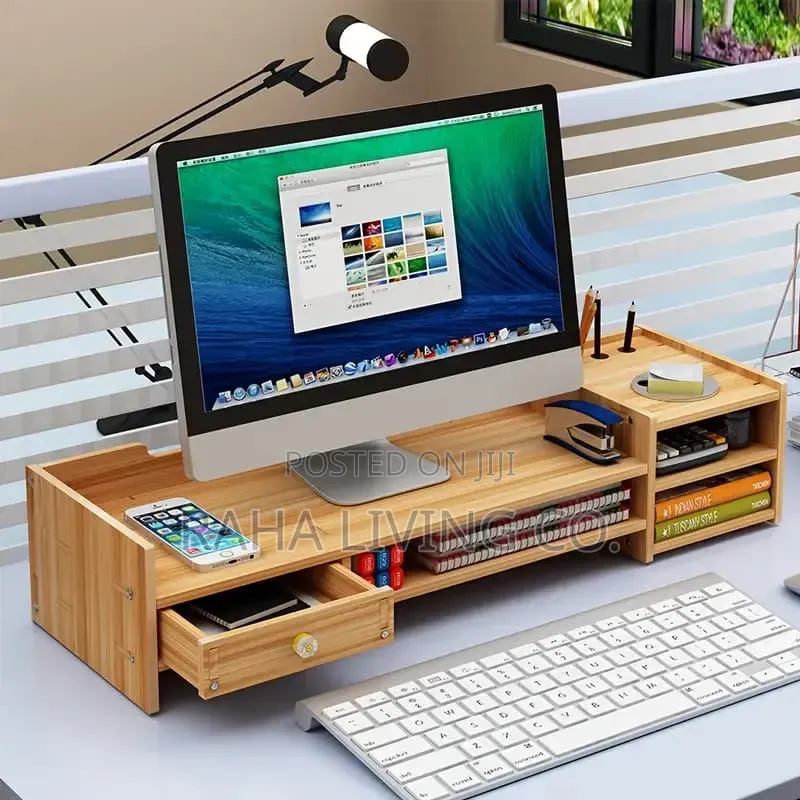 Bamboo Monitor Stand Riser | Desk Storage Organizer | Drawer