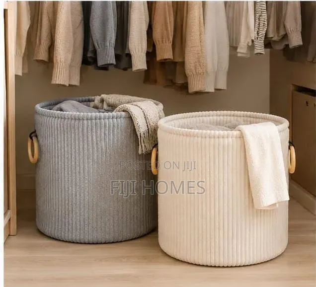 Velvet Corduroy Laundry Basket | Cream & Grey