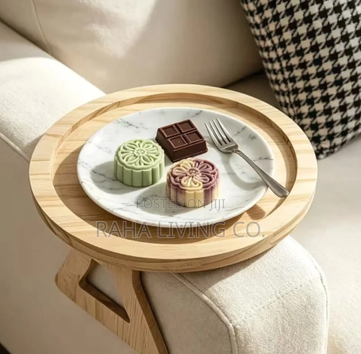 Foldable Bamboo Sofa Arm Rest Tray | 29cm Round | Clip-on Table