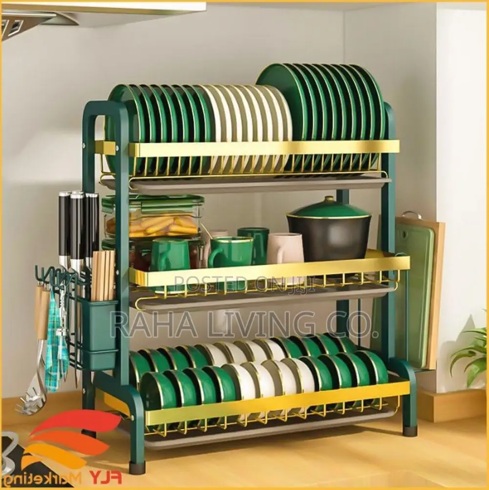 3-Layer Dish Rack | Cutlery Holder | Drip Tray | Green Gold