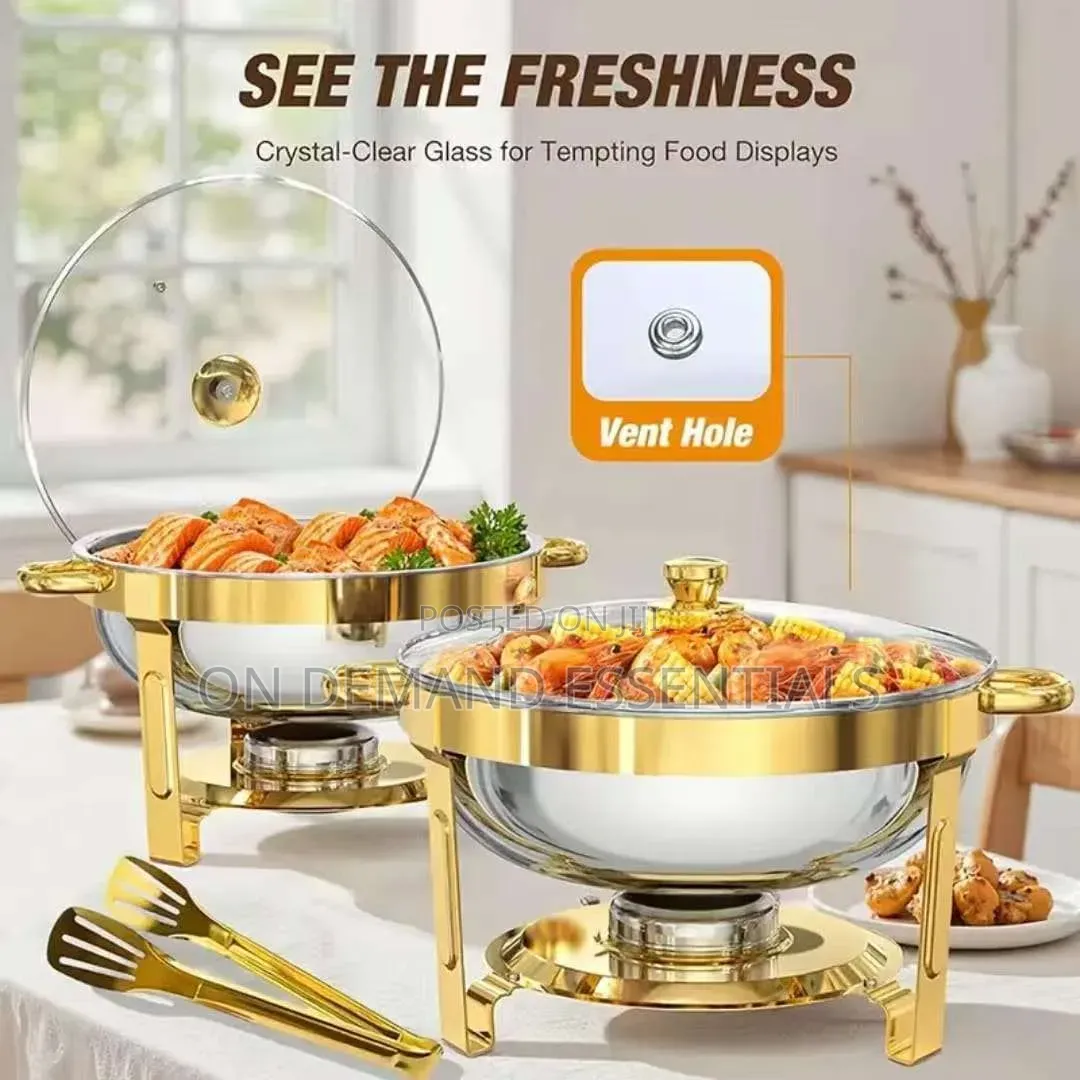 5L Stainless Steel Buffet Warmer With Glass Lid and Gold Stand