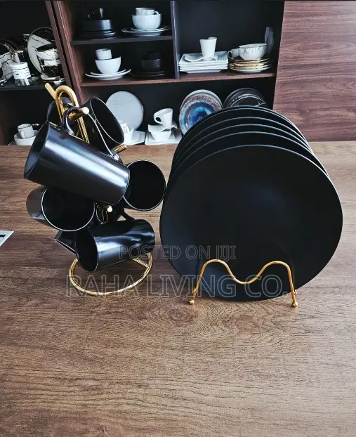 12pc Matte Black Dinner Plates and Mugs Set | Ceramic | With Stands