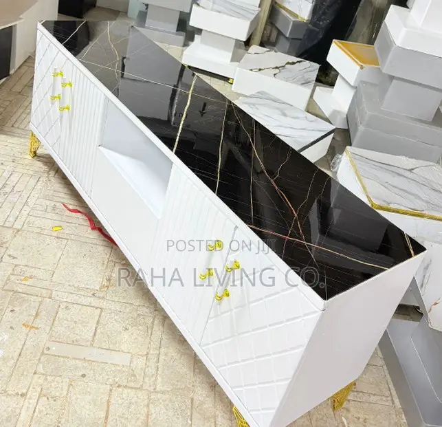 Executive Box TV Stand | Black Marble Top | Gold Legs | White