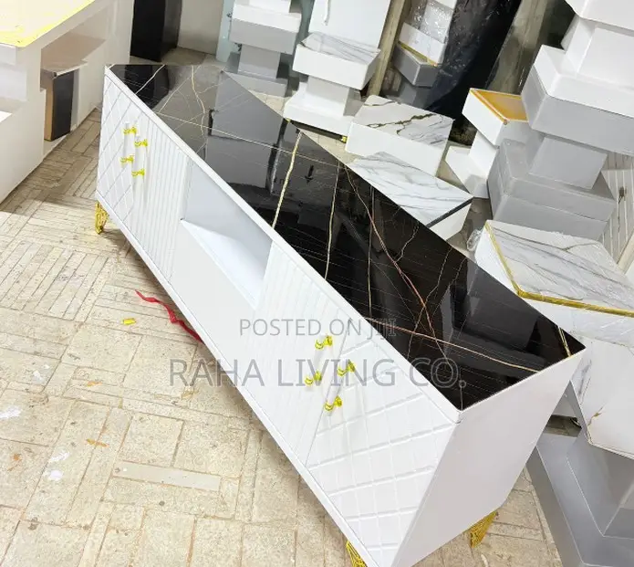 Executive Box TV Stand | Black Marble Top | Gold Legs | White