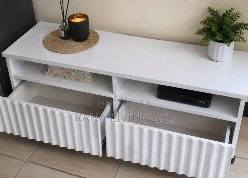 Modern White Fluted Drawer TV Stand With Open Shelves