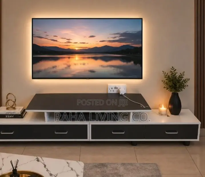 Modern Black and White TV Stand With Two Drawers on Wheels