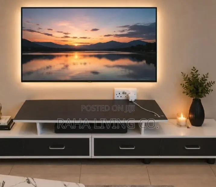 Modern Black and White TV Stand With Two Drawers on Wheels