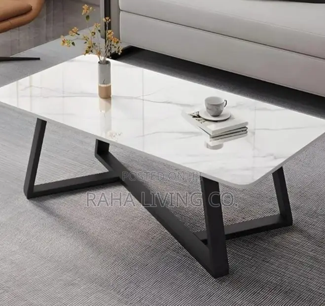 Luxury Marble Top Coffee Table With Black Metal Legs