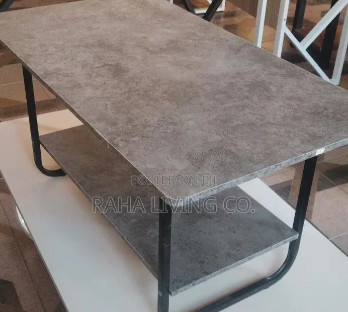 Grey Stone Finish Coffee Table With Black Metal Frame