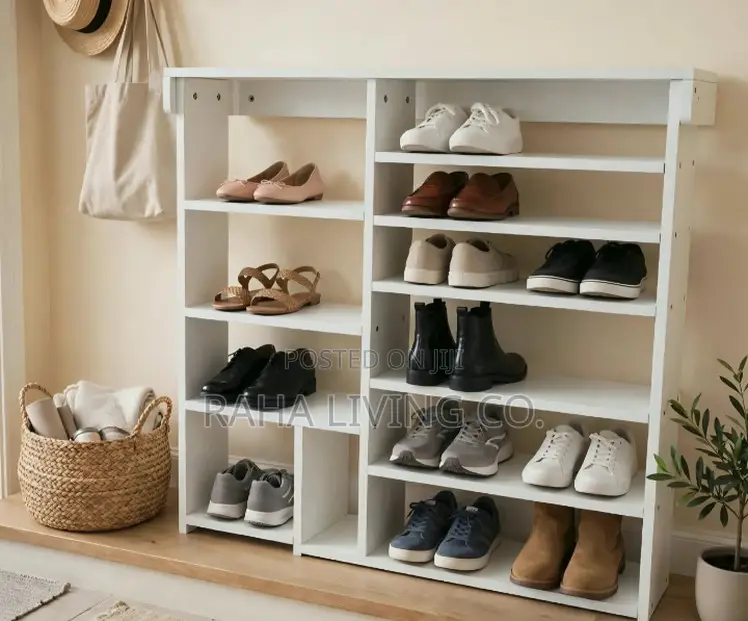 Multi Tier White Shoe Rack Cabinet With Open Shelves