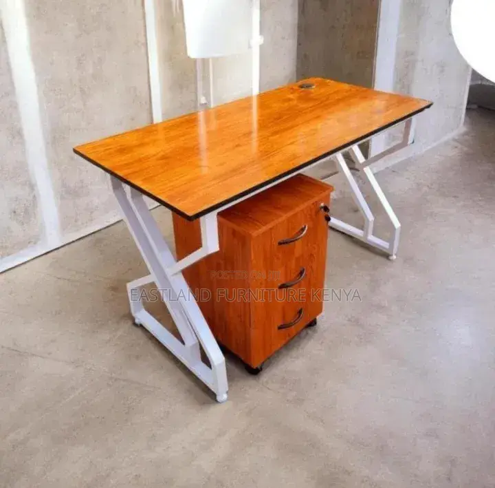 Modern Office Desk With 3-Drawer Mobile Pedestal & White X-Leg Frame