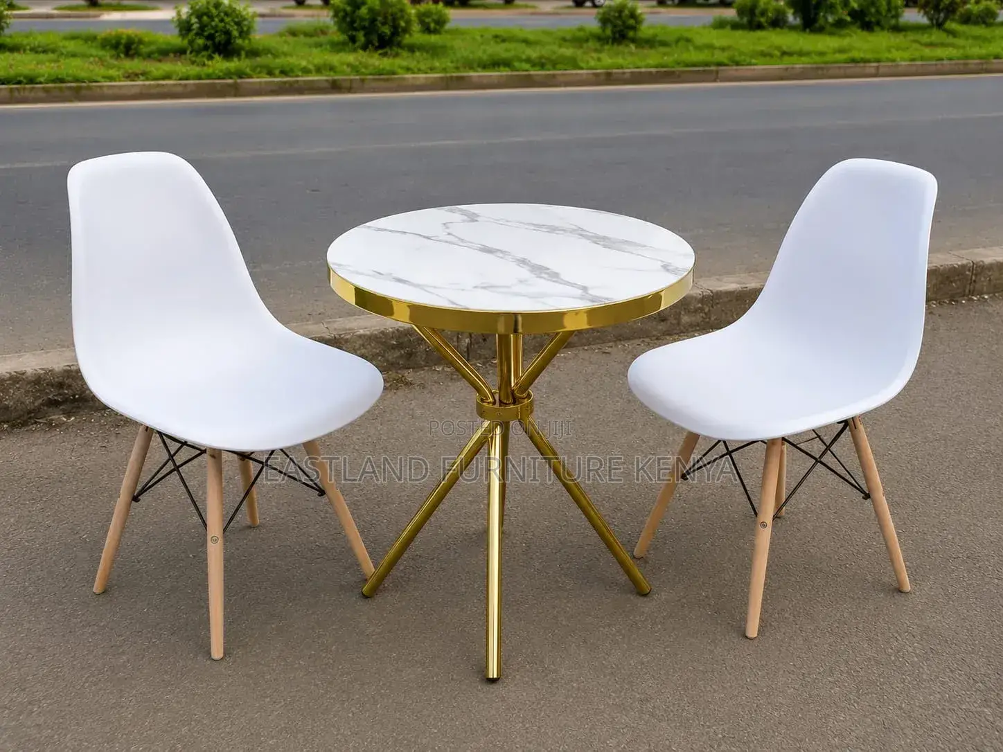 Modern 3-Piece Dining Set – White Chairs With Gold Marble-Top Table