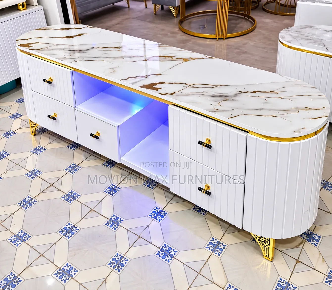 Oval TV Stand, Led Light White TV Stand