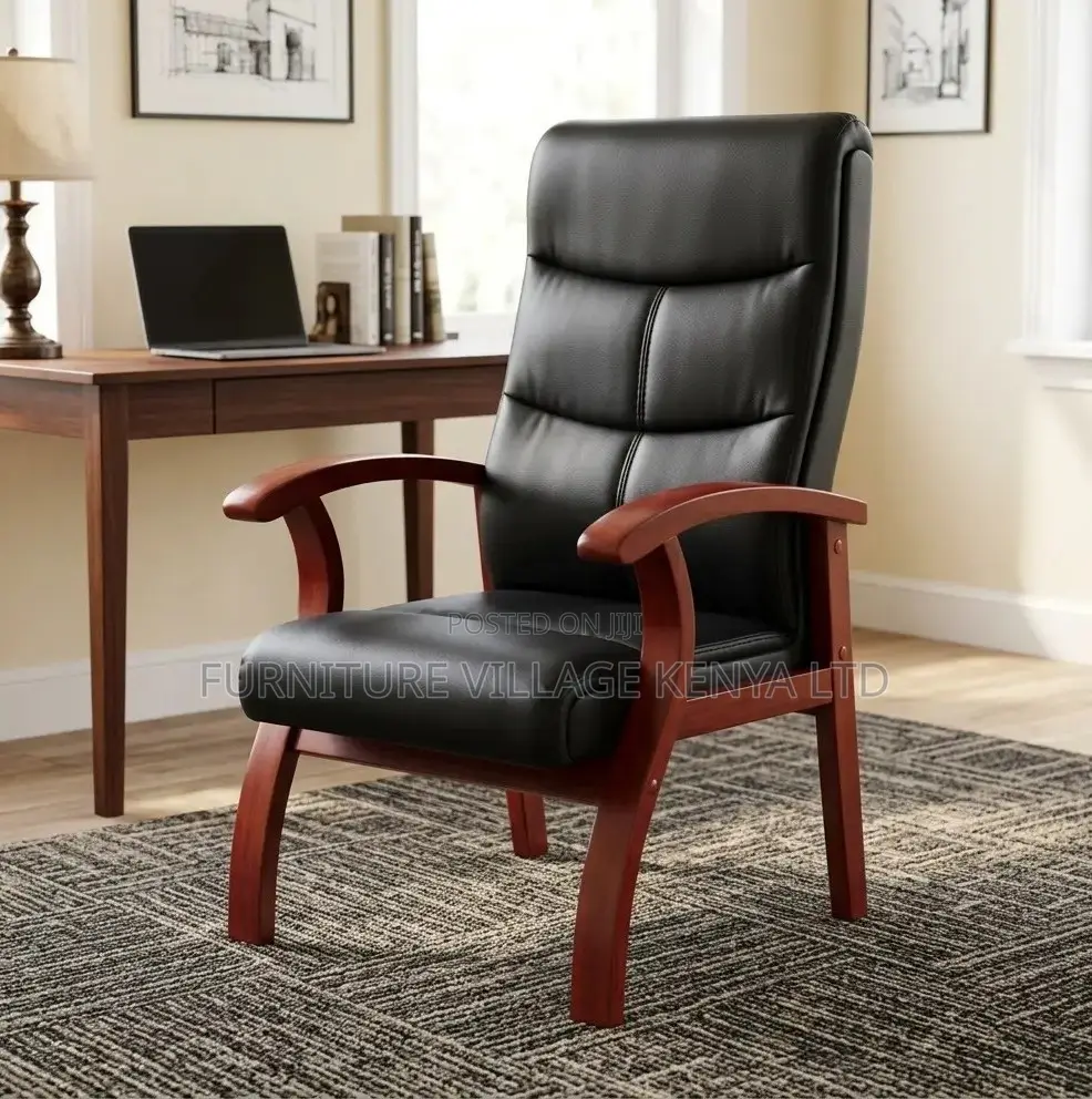 Office Chair; Mahogany Frame Leather Executive Sturdy Waiting Seat
