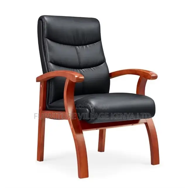 Office Chair; Mahogany Frame Leather Executive Sturdy Waiting Seat