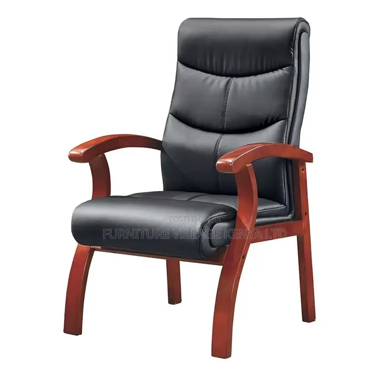 Office Chair; Mahogany Frame Leather Executive Sturdy Waiting Seat