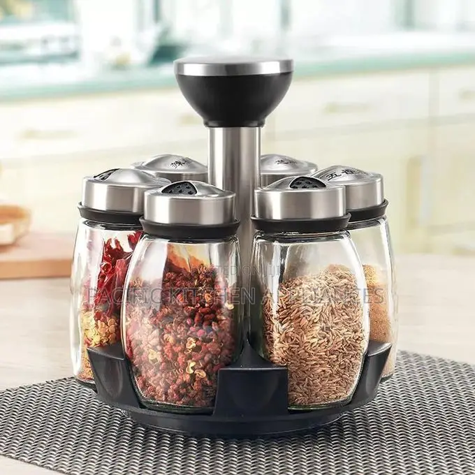 Rotating Spice Rack Set With 6 Glass Jars, 360° Countertop Organizer