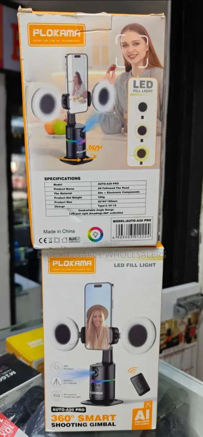 PLOKAMA AUTO-A20 PRO 360° AI Smart Shooting Gimbal – LED Fill Light