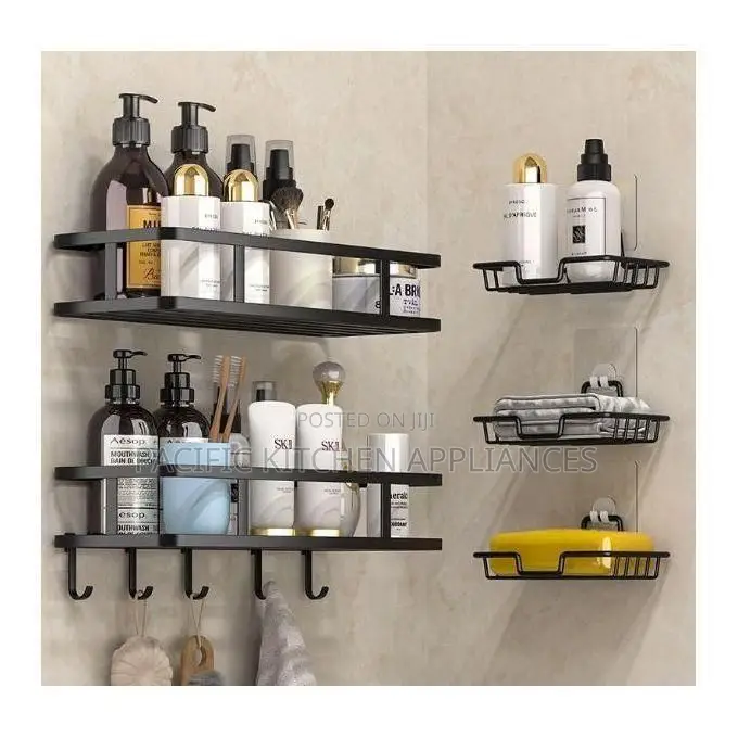 5 in 1 Rustproof Shower Corner Caddy With Hooks Wall Mounted Adhesive