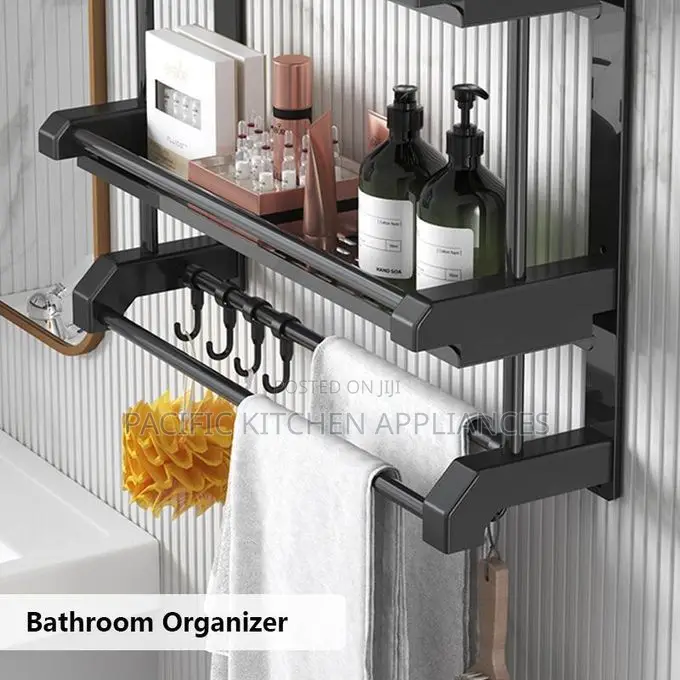 Bathroom Towel Rack Shelf Shower Caddy With 6 Hooks