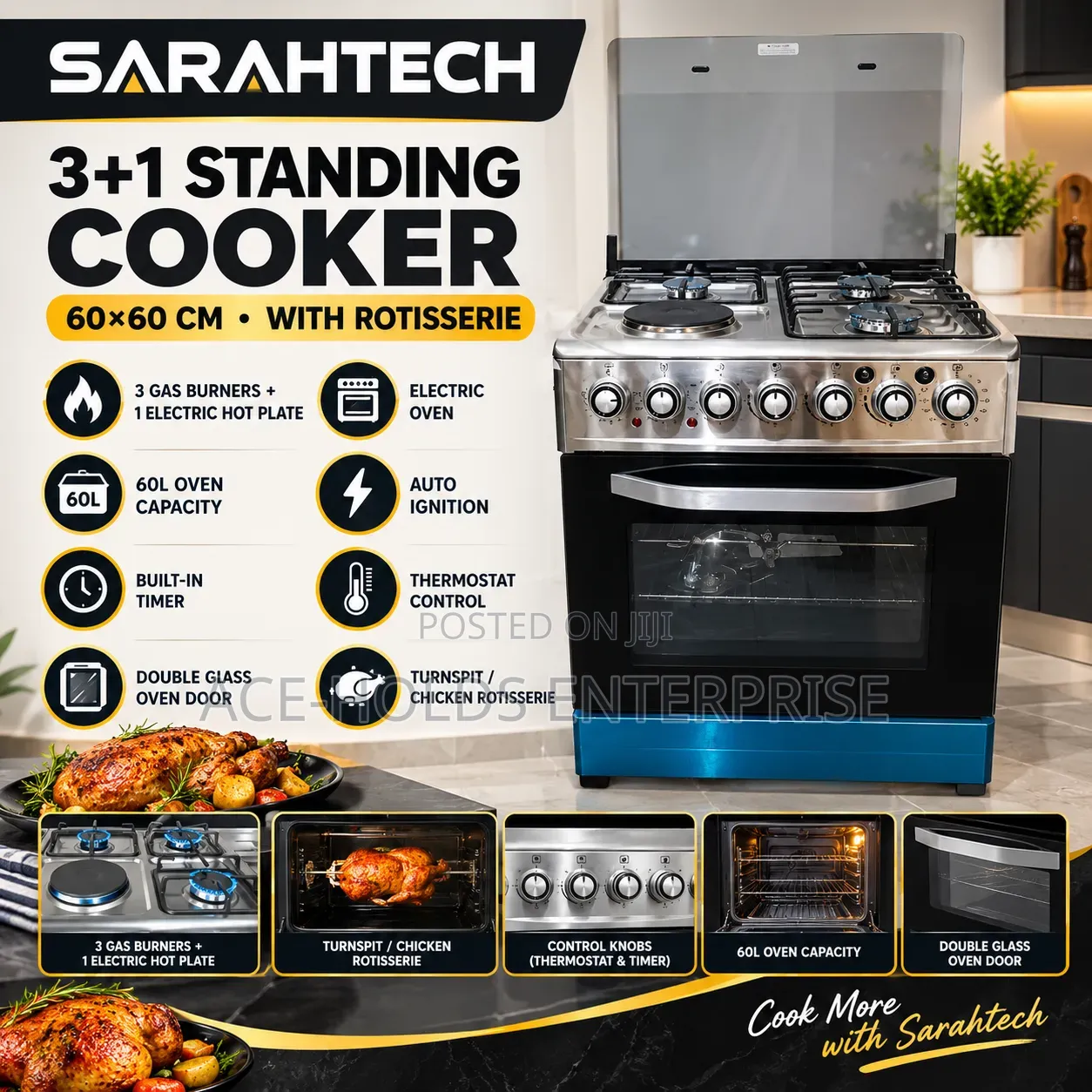 3+1 Sarahtech 60*60 Standing Cooker With Rotisserie