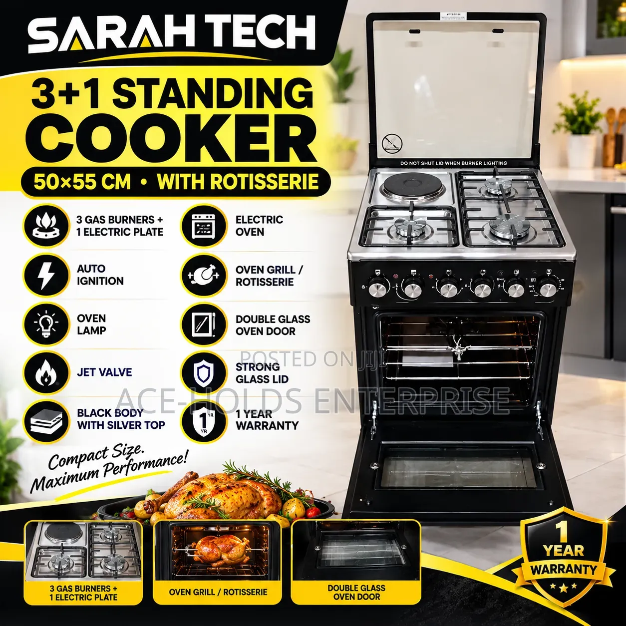 3+1 Sarahtech 50*55 Standing Cooker With Rotisserie/ Electric Oven