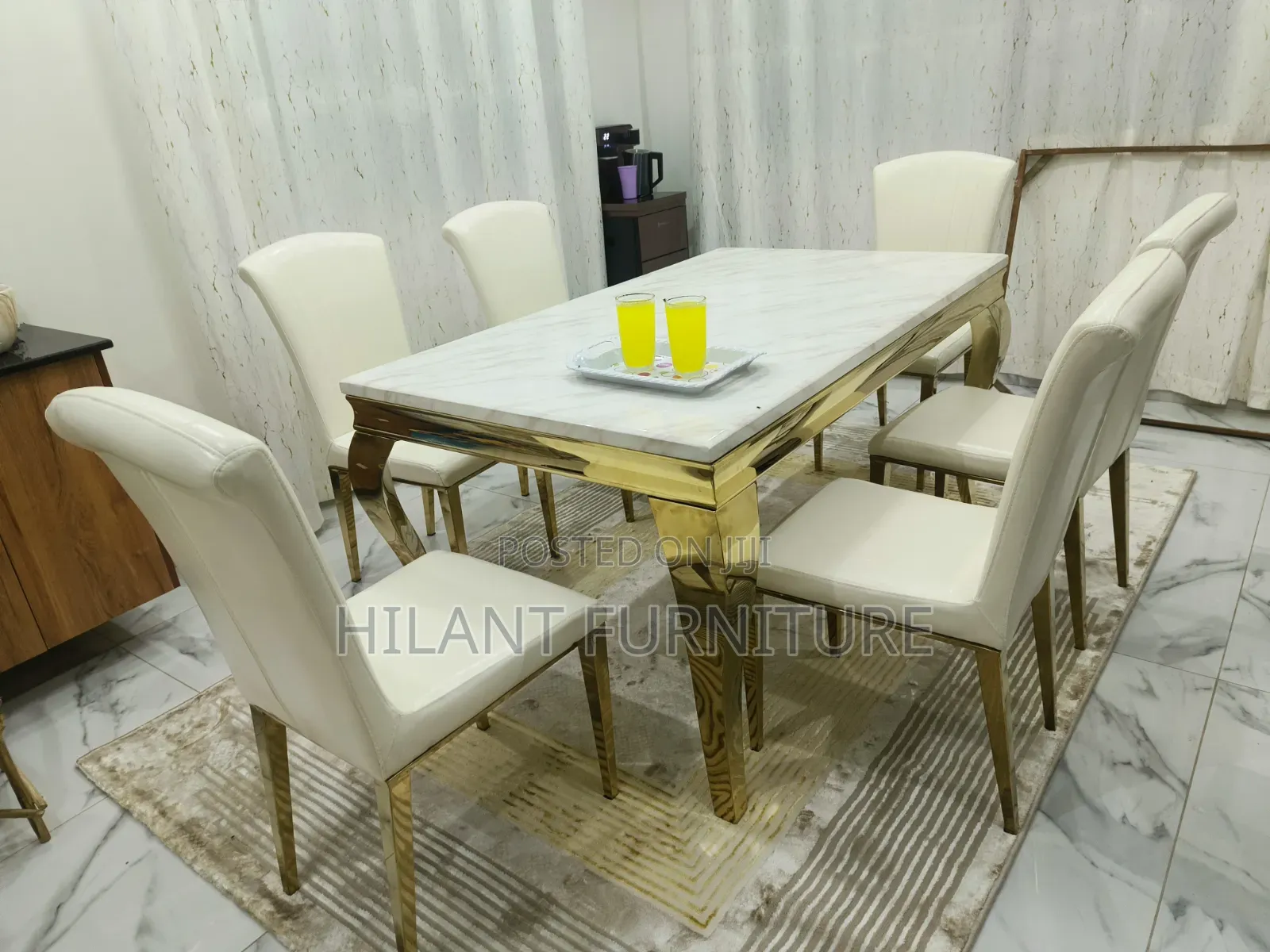 White and Gold Premium Six-Seater Marble Dining