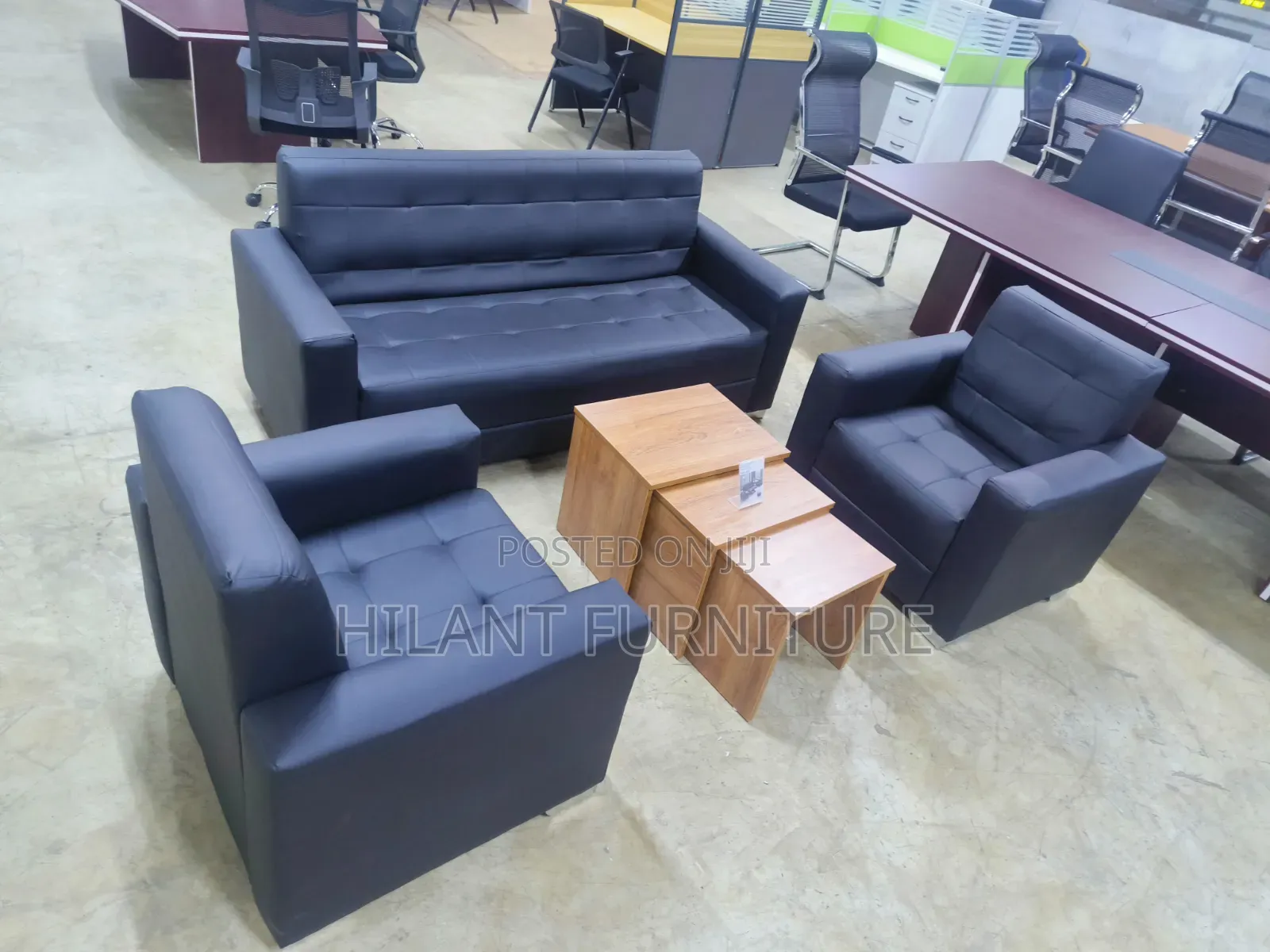 Black Five-Seater Leather Office Sofa Set