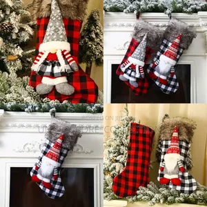 *Christmas Stockings Buffalo Plaid Christmas Stockings With 3D Gnome