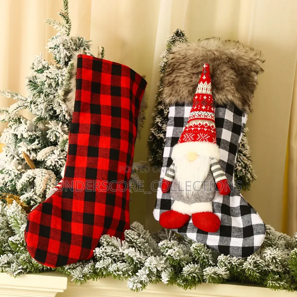 *Christmas Stockings Buffalo Plaid Christmas Stockings With 3D Gnome