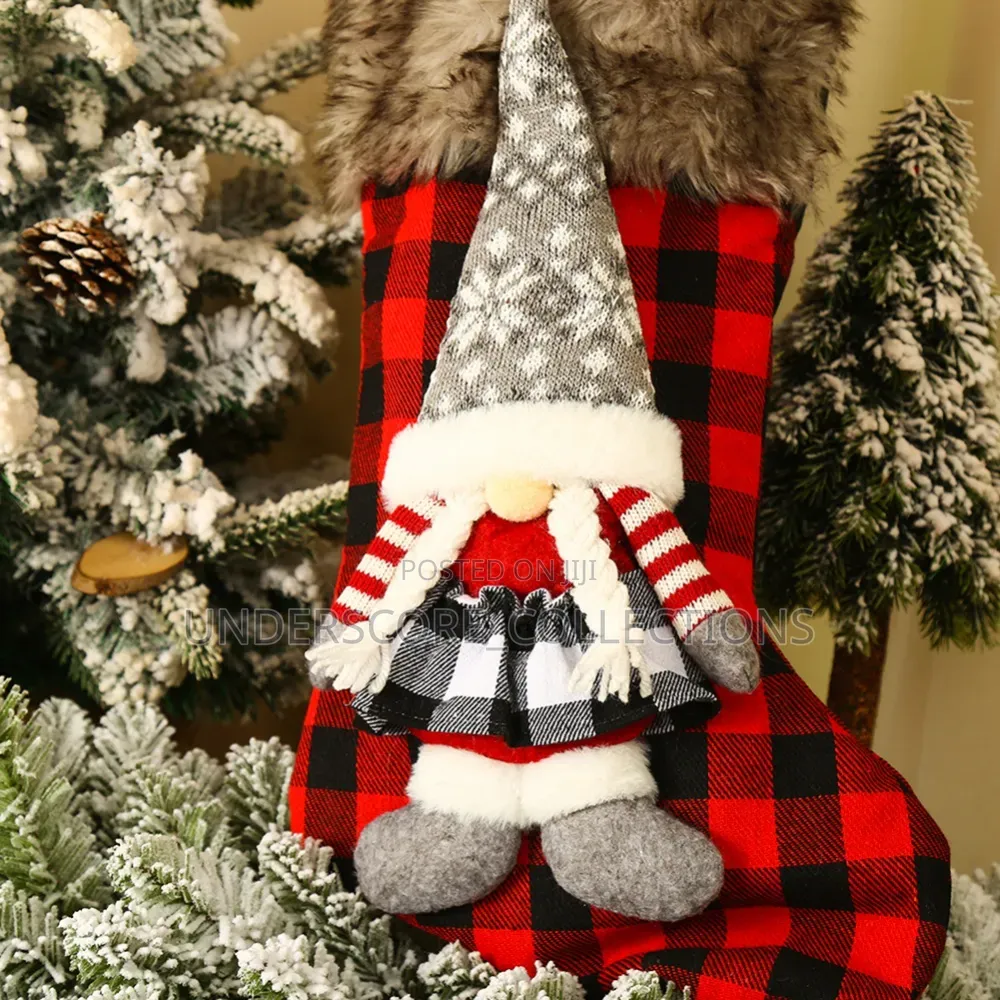 *Christmas Stockings Buffalo Plaid Christmas Stockings With 3D Gnome