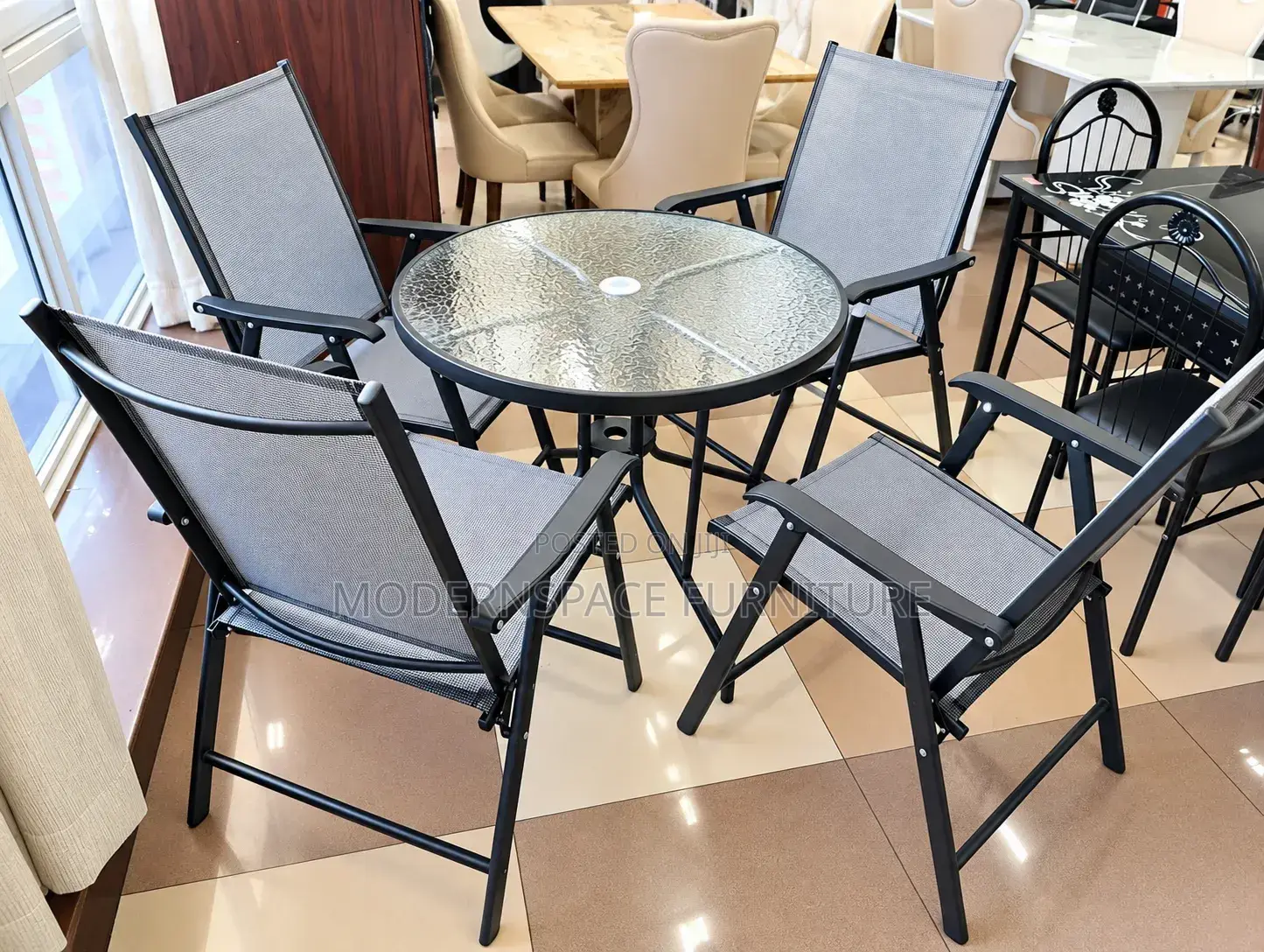 Outdoor Dining Set | Glass Table & Foldable Chairs