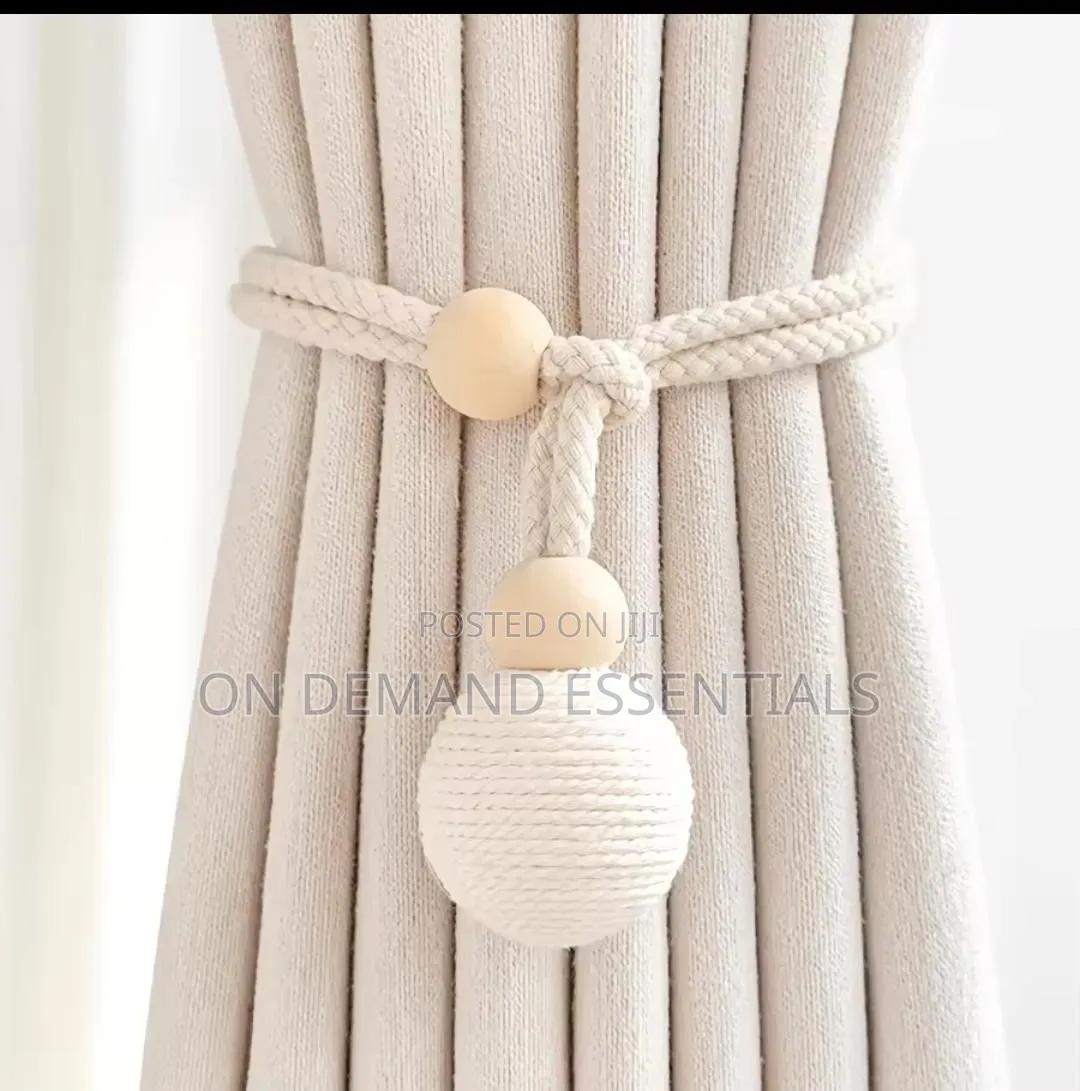 Curtain Tieback With Natural Wood Bead& Knotted Ball Pair