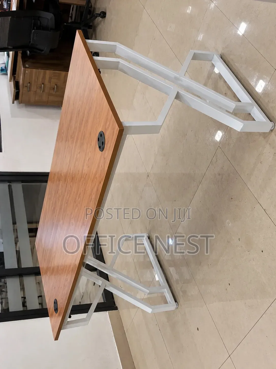 Modern Office Desk – Wooden Top With White Metal Legs.