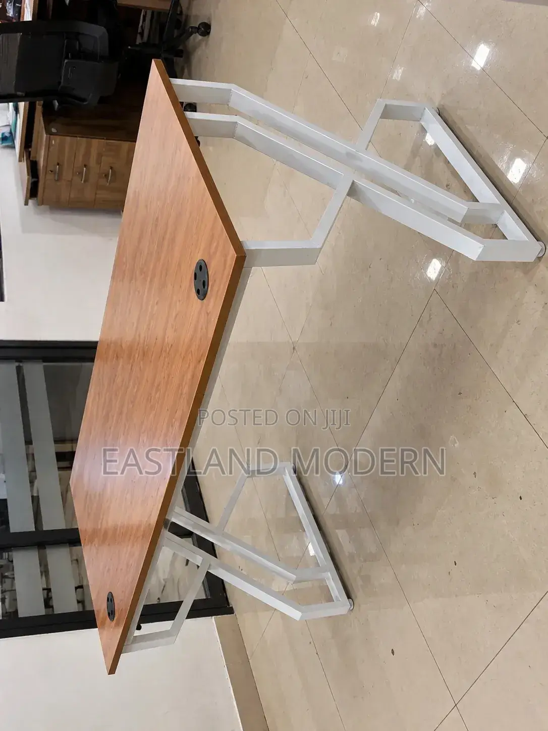 Modern Office Desk – Wooden Top With White Metal Legs.