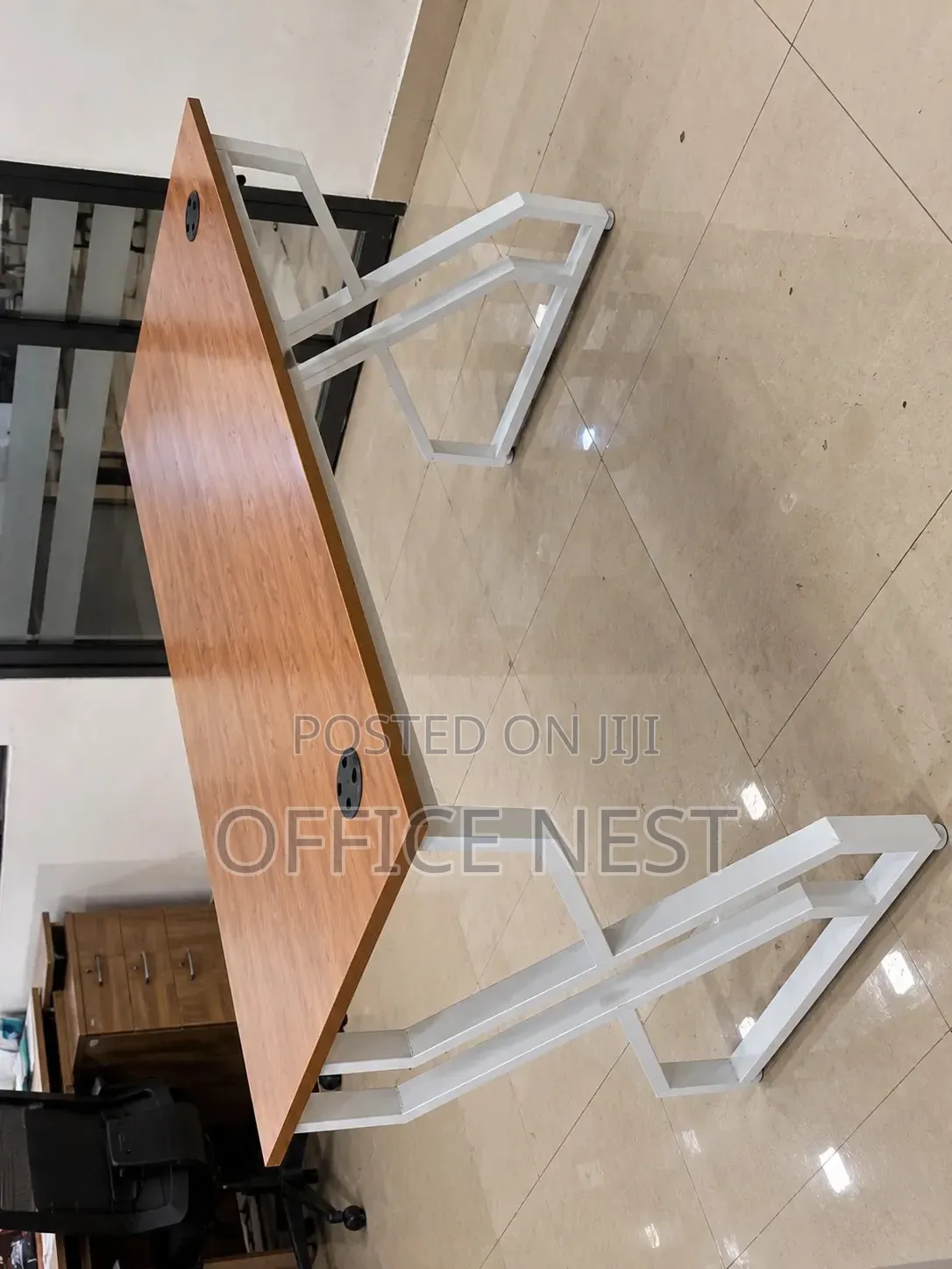 Modern Office Desk – Wooden Top With White Metal Legs.