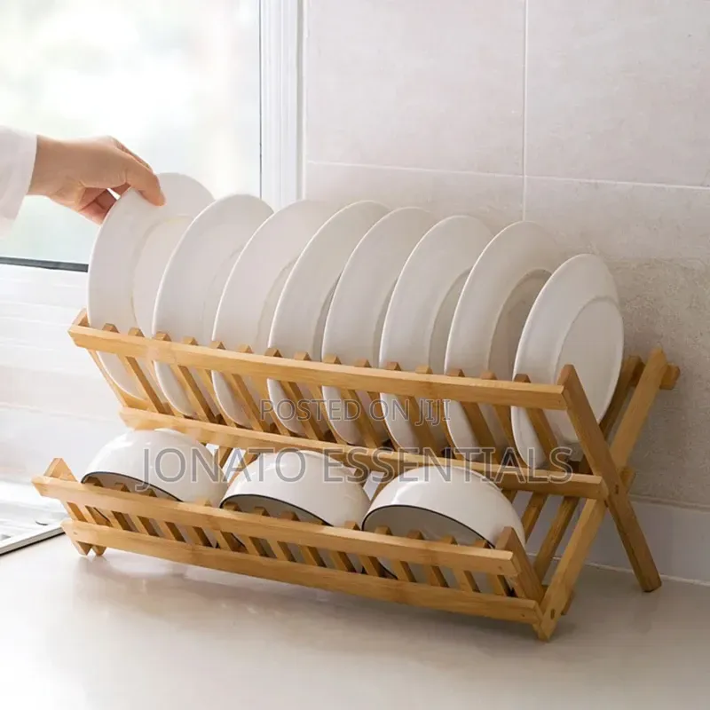 Wooden Dish Rack Folding 2 Tier Plate Holder Organizer