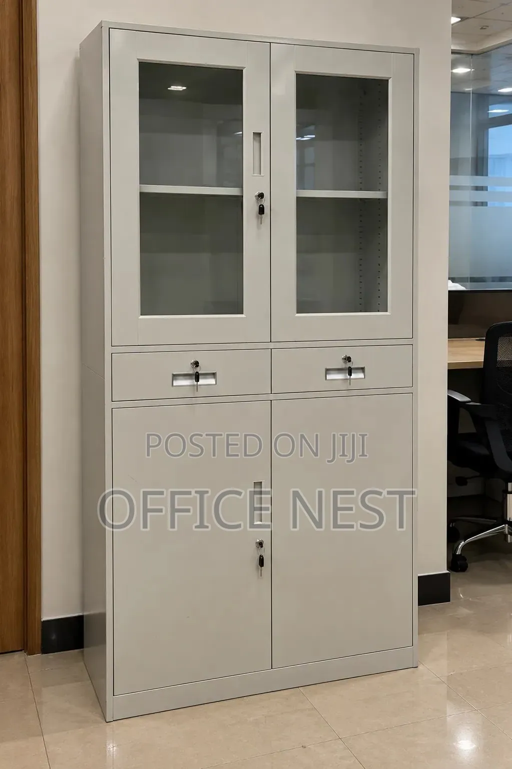 Steel Office Cabinet With Glass Doors and Drawers.