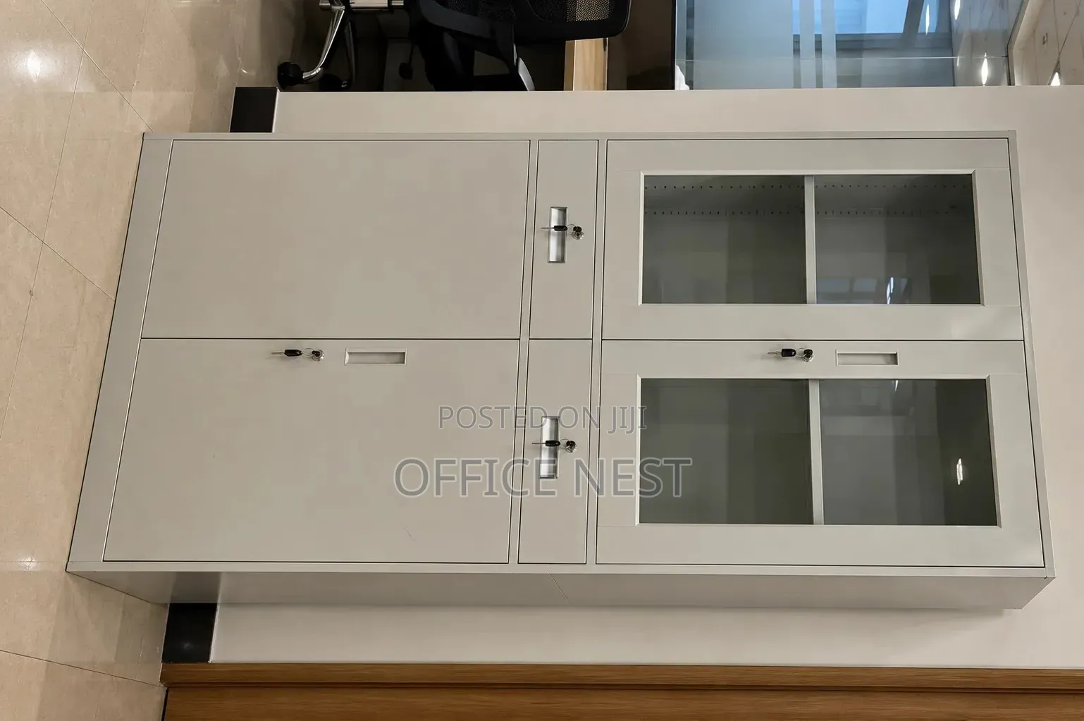 Steel Office Cabinet With Glass Doors and Drawers.