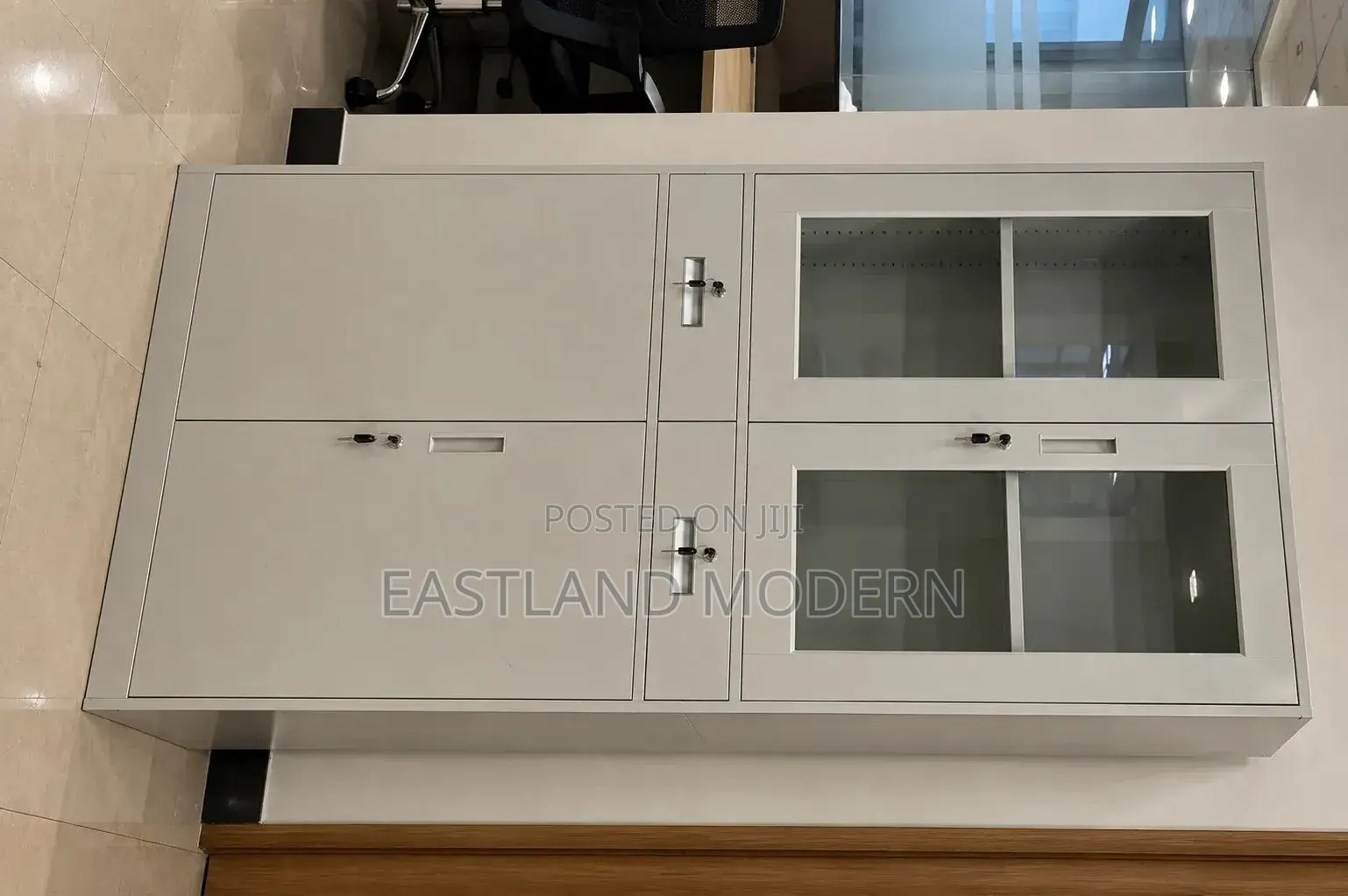 Steel Office Cabinet With Glass Doors and Drawers.