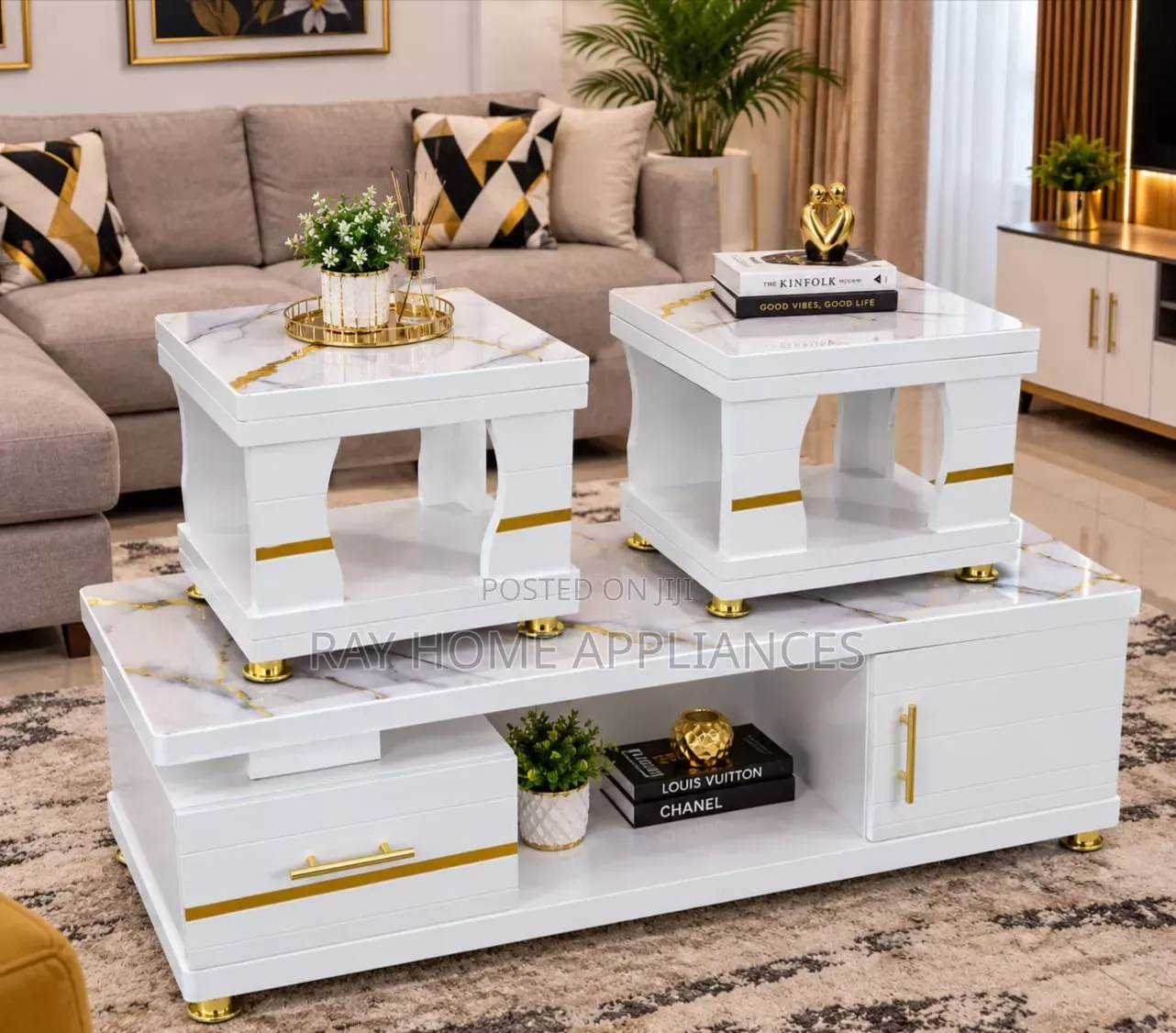 COFFEE TABLE With Glass/Marble Topping With 2 Stools