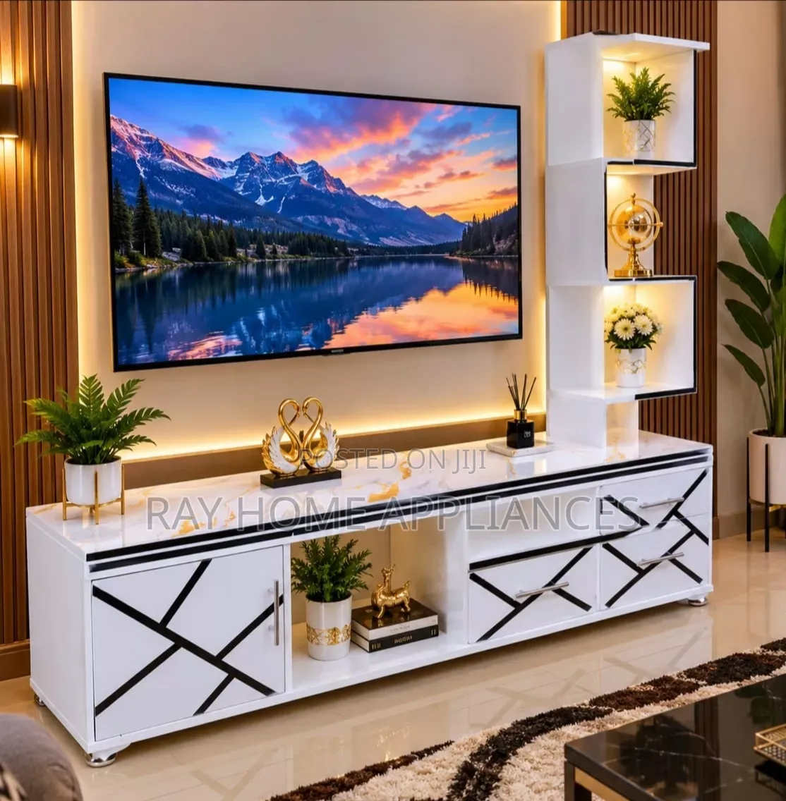 TV Stand With LED Lights With Inbuilt Flower Decor Stand