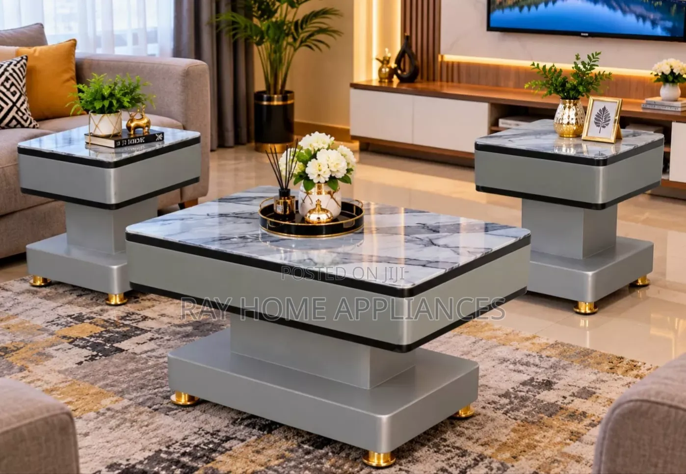 GREY COFFEE TABLE With Glass/Marble Topping With 2 Stools